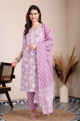 purple ethnic motifs print straight kurta trouser dupatta set