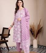 purple ethnic motifs print straight kurta trouser dupatta set