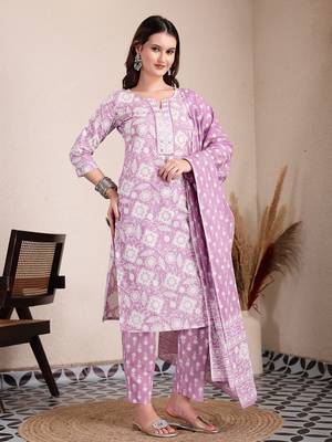 purple ethnic motifs print straight kurta trouser dupatta set 2