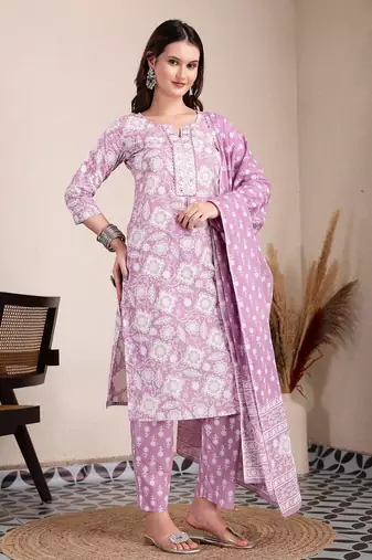 purple ethnic motifs print straight kurta trouser dupatta set