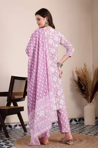 purple ethnic motifs print straight kurta trouser dupatta set