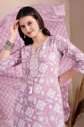 purple ethnic motifs print straight kurta trouser dupatta set