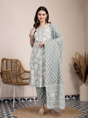 sea green ethnic motifs print straight kurta trouser dupatta set 1