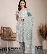 sea green ethnic motifs print straight kurta trouser dupatta set