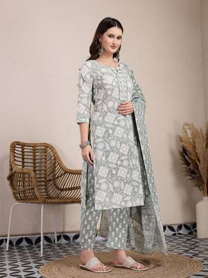 sea green ethnic motifs print straight kurta trouser dupatta set 2