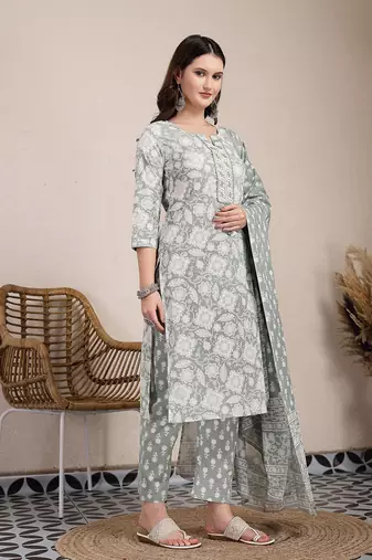 sea green ethnic motifs print straight kurta trouser dupatta set