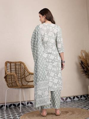 sea green ethnic motifs print straight kurta trouser dupatta set 3