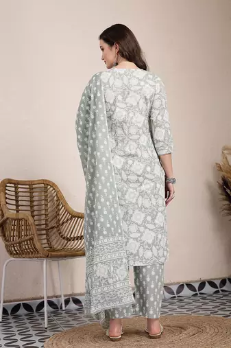 sea green ethnic motifs print straight kurta trouser dupatta set