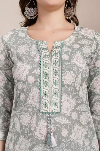 sea green ethnic motifs print straight kurta trouser dupatta set
