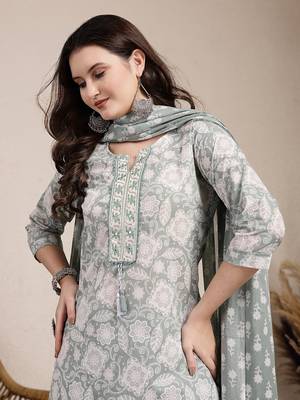 sea green ethnic motifs print straight kurta trouser dupatta set 5