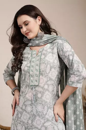 sea green ethnic motifs print straight kurta trouser dupatta set