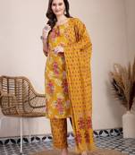 yellow pure cotton floral,sequins work kurta dupatta set