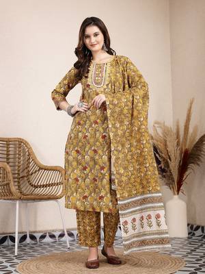 mustard pure cotton lace work on yoke straight kurta dupatta pant set 1