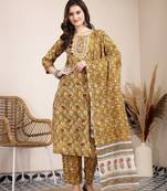 mustard pure cotton lace work on yoke straight kurta dupatta pant set