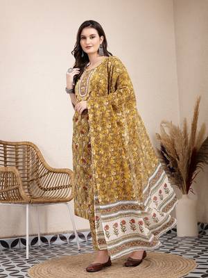 mustard pure cotton lace work on yoke straight kurta dupatta pant set 2