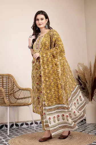 mustard pure cotton lace work on yoke straight kurta dupatta pant set