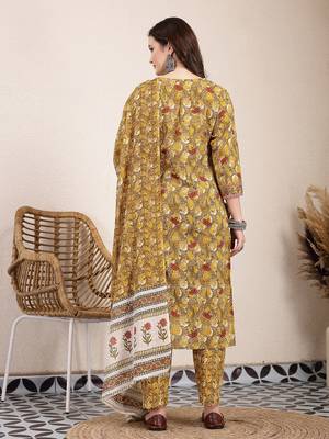 mustard pure cotton lace work on yoke straight kurta dupatta pant set 3
