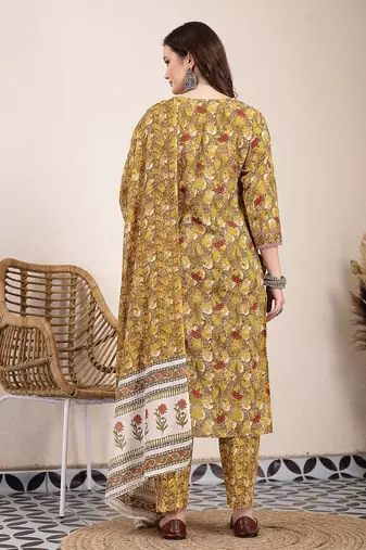 mustard pure cotton lace work on yoke straight kurta dupatta pant set