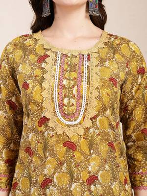 mustard pure cotton lace work on yoke straight kurta dupatta pant set 4
