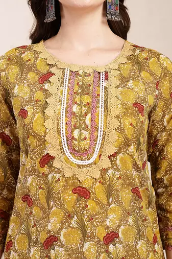 mustard pure cotton lace work on yoke straight kurta dupatta pant set