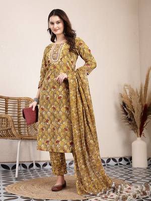 mustard pure cotton lace work on yoke straight kurta dupatta pant set 5