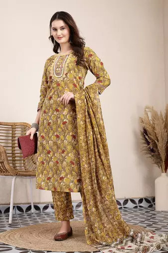 mustard pure cotton lace work on yoke straight kurta dupatta pant set