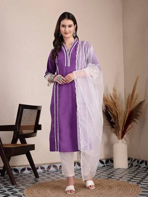 purple premium cotton kurta dupatta pant set 1