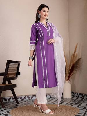 purple premium cotton kurta dupatta pant set 2