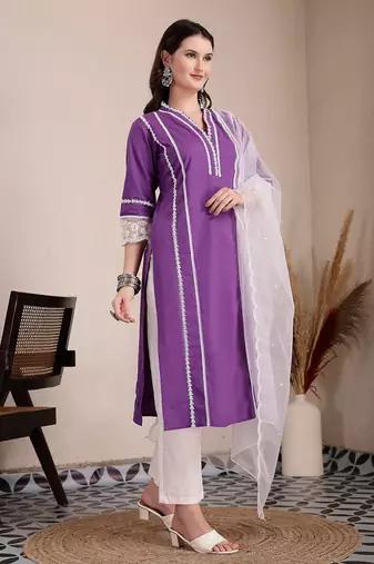 purple premium cotton kurta dupatta pant set