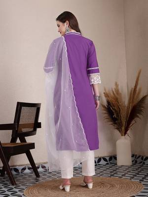 purple premium cotton kurta dupatta pant set 3