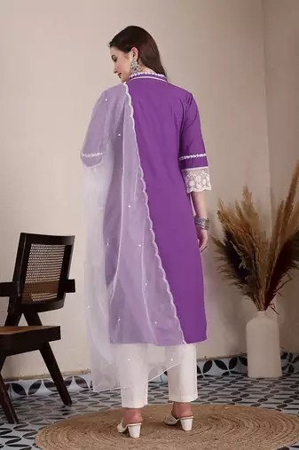 purple premium cotton kurta dupatta pant set