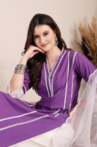 purple premium cotton kurta dupatta pant set