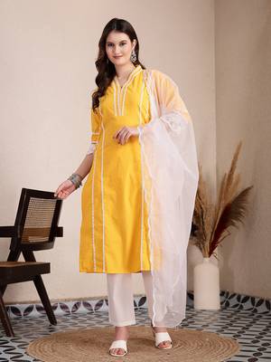 yellow premium cotton kurta dupatta pant set 1