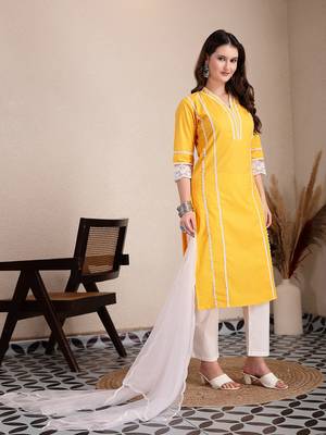 yellow premium cotton kurta dupatta pant set 2