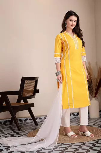 yellow premium cotton kurta dupatta pant set