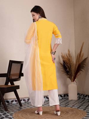 yellow premium cotton kurta dupatta pant set 3
