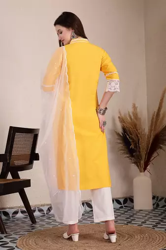 yellow premium cotton kurta dupatta pant set