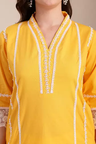 yellow premium cotton kurta dupatta pant set
