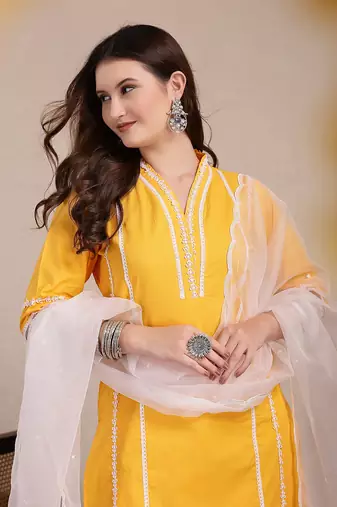 yellow premium cotton kurta dupatta pant set