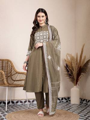 olive embroidered a-line kurta trouser dupatta set 1