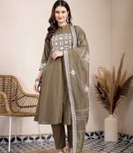 olive embroidered a-line kurta trouser dupatta set