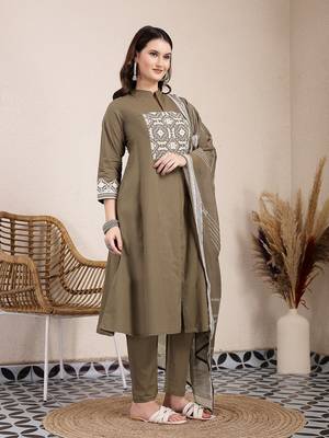 olive embroidered a-line kurta trouser dupatta set 2