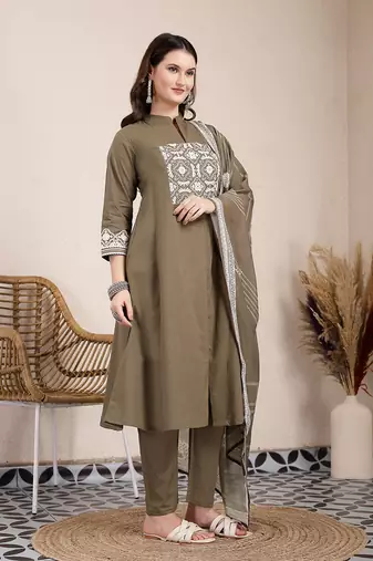 olive embroidered a-line kurta trouser dupatta set