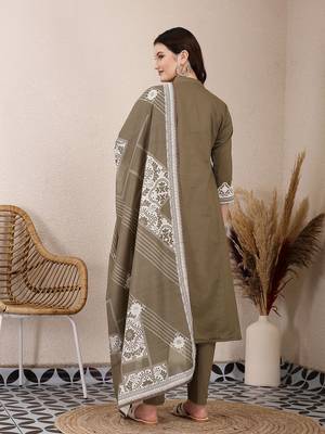 olive embroidered a-line kurta trouser dupatta set 3