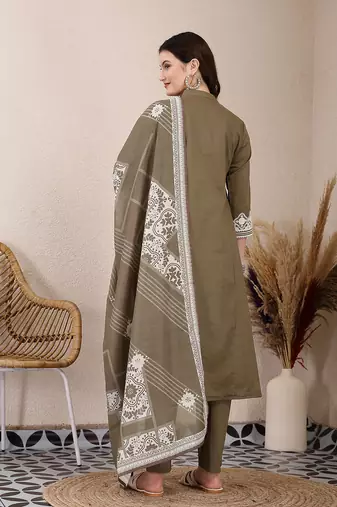 olive embroidered a-line kurta trouser dupatta set