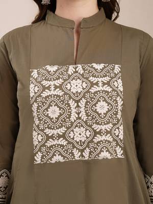 olive embroidered a-line kurta trouser dupatta set 4