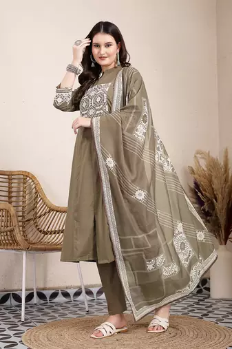 olive embroidered a-line kurta trouser dupatta set
