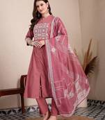 mauve embroidered a-line kurta trouser dupatta set