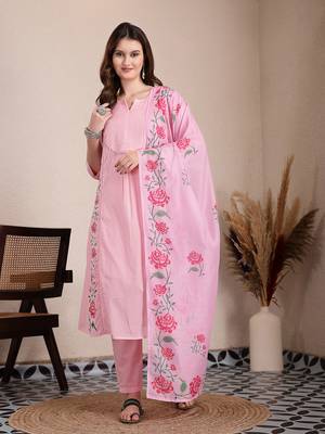 pink pure cotton a-line pleated kurta dupatta pant set 1