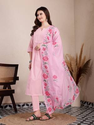 pink pure cotton a-line pleated kurta dupatta pant set 2